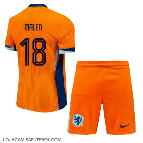 Camisa de Futebol Holanda Donyell Malen #18 Equipamento Principal Infantil Europeu 2024 Manga Curta (+ Calças curtas)